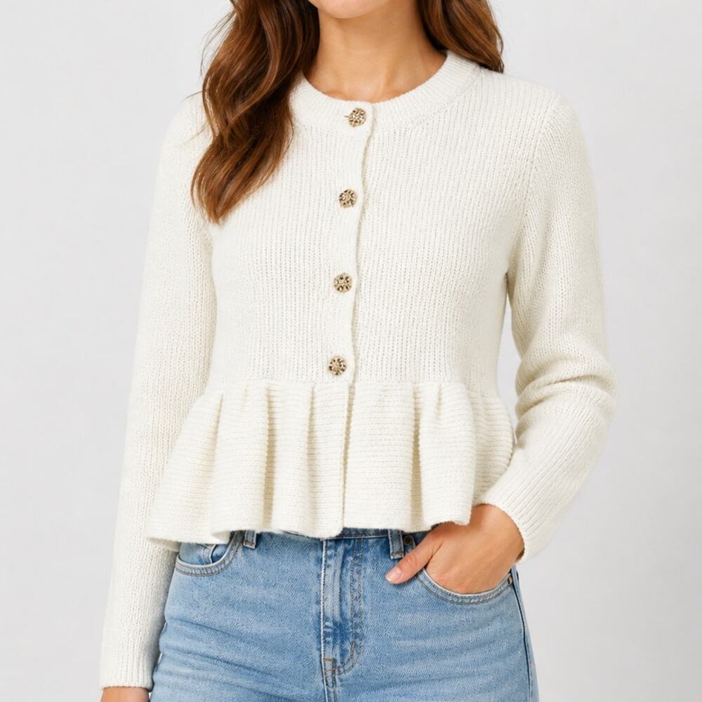 En Saison Peplum Cardigan Wool Blend Chunky Knit Sweater Preppy Coquette Classic